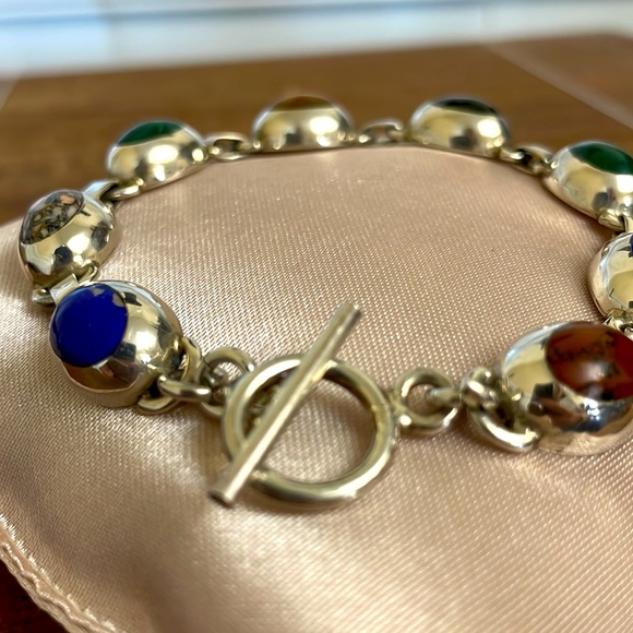 Vintage .925 ATI Mexico Sterling Silver & Semi-Precious Stone Toggle Bracelet - Picture 5 of 5